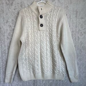 Kian D Men's Cream Cable Knit Fishermans Sweater Sz XL Elbow Patches